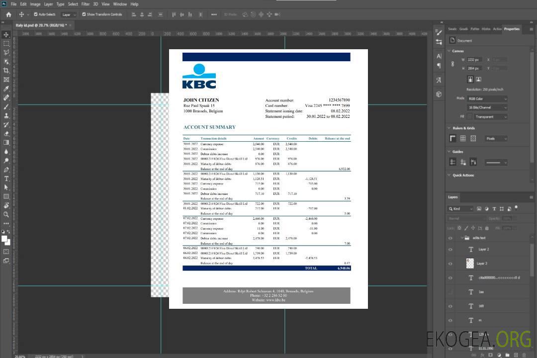 Relevé bancaire KBC Belgique template Relevé bancaire KBC Belgique template